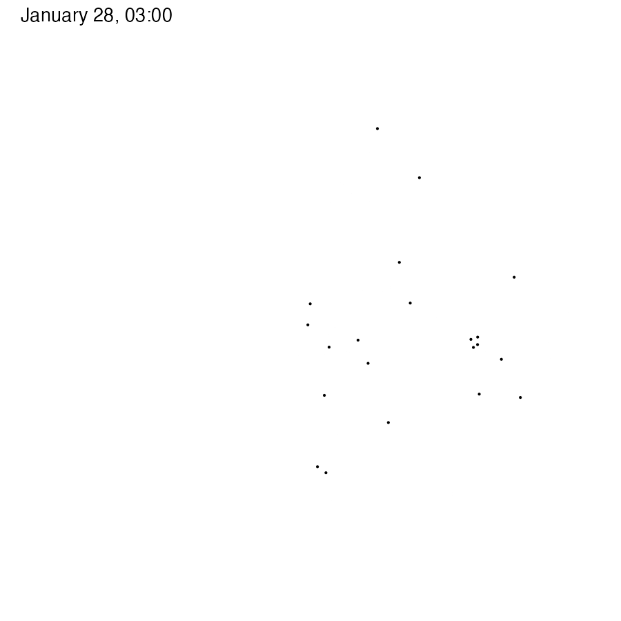 Animation of a day of buses in NYC; each bus is a black dot, and its position is shown every minute.